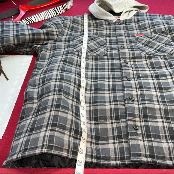 Wrangler GRAY black Plaid quilted HOODIE button shirt JACKET men’s L Pockets NEW - Picture 6 of 14
